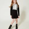 Robes*TWINSET Milano Robe Courte Avec Volants En Organza Bicolore Noir / Blanc Cassé