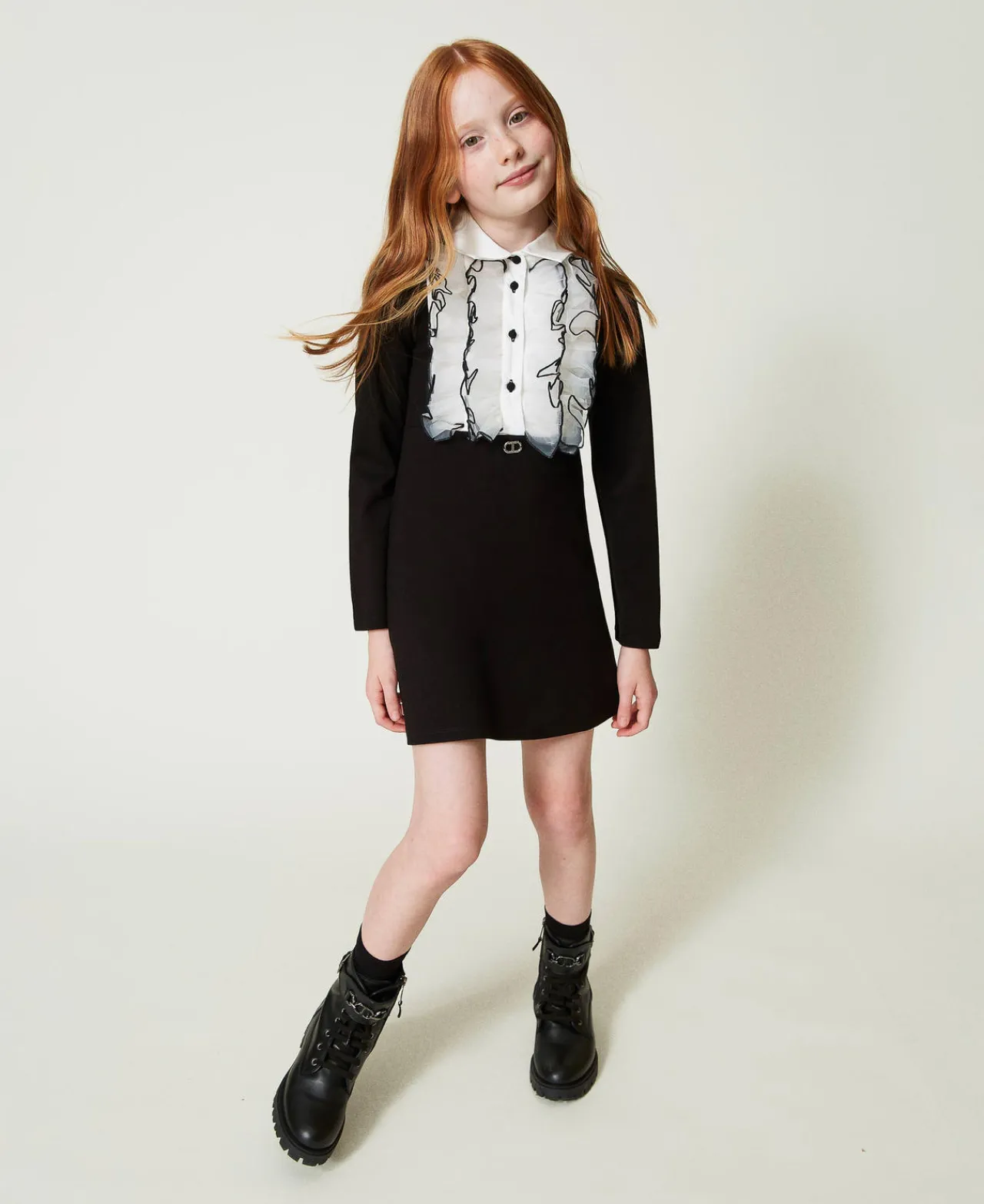 Robes*TWINSET Milano Robe Courte Avec Volants En Organza Bicolore Noir / Blanc Cassé
