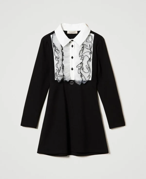 Robes*TWINSET Milano Robe Courte Avec Volants En Organza Bicolore Noir / Blanc Cassé