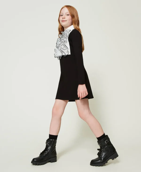 Robes*TWINSET Milano Robe Courte Avec Volants En Organza Bicolore Noir / Blanc Cassé