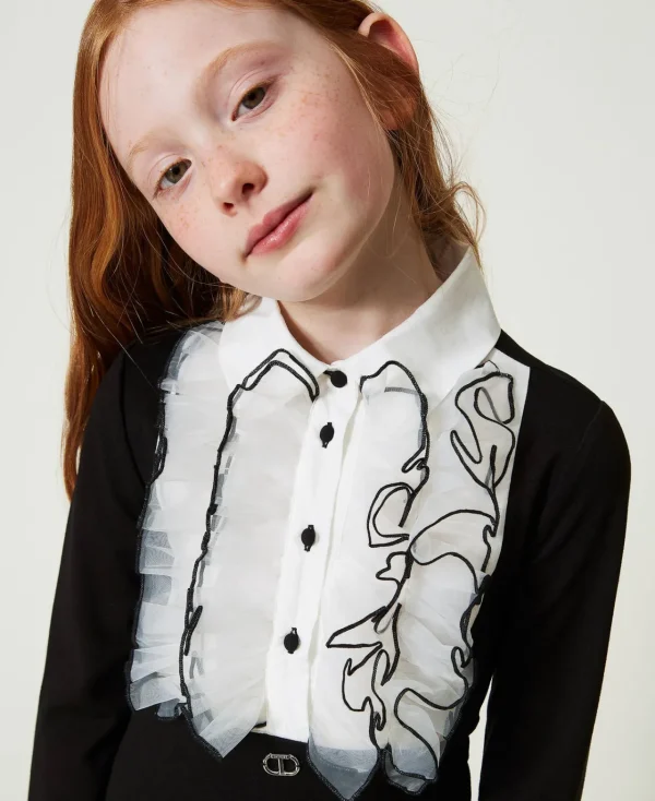 Robes*TWINSET Milano Robe Courte Avec Volants En Organza Bicolore Noir / Blanc Cassé