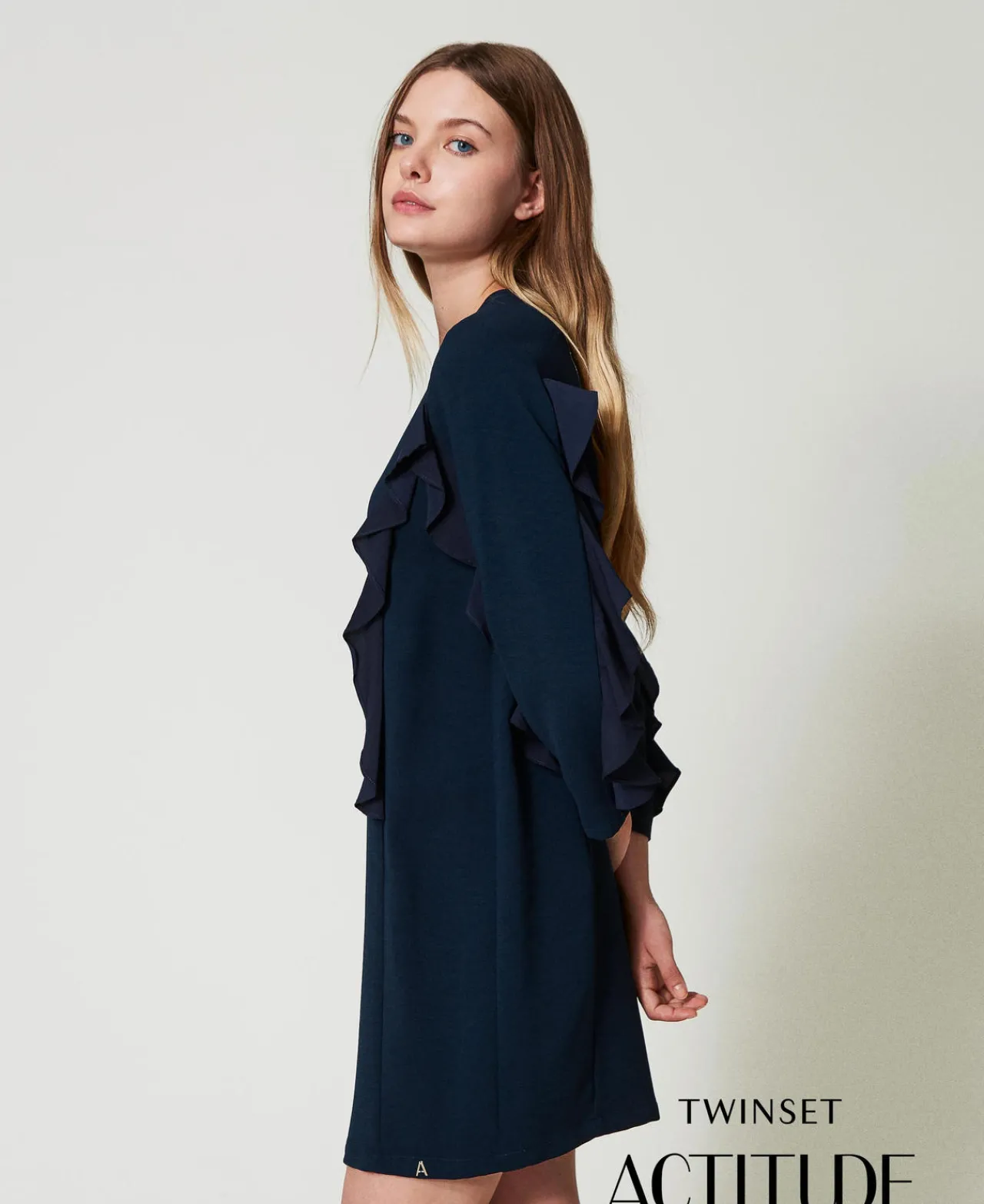 Robes Courtes*TWINSET Milano Robe Courte En Cady Avec Volant Bleu Marine