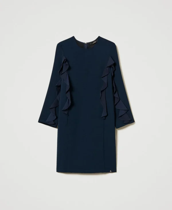 robe_courte_en_cady_avec__1.webp Robes Courtes*TWINSET Milano Robe Courte En Cady Avec Volant Bleu Marine