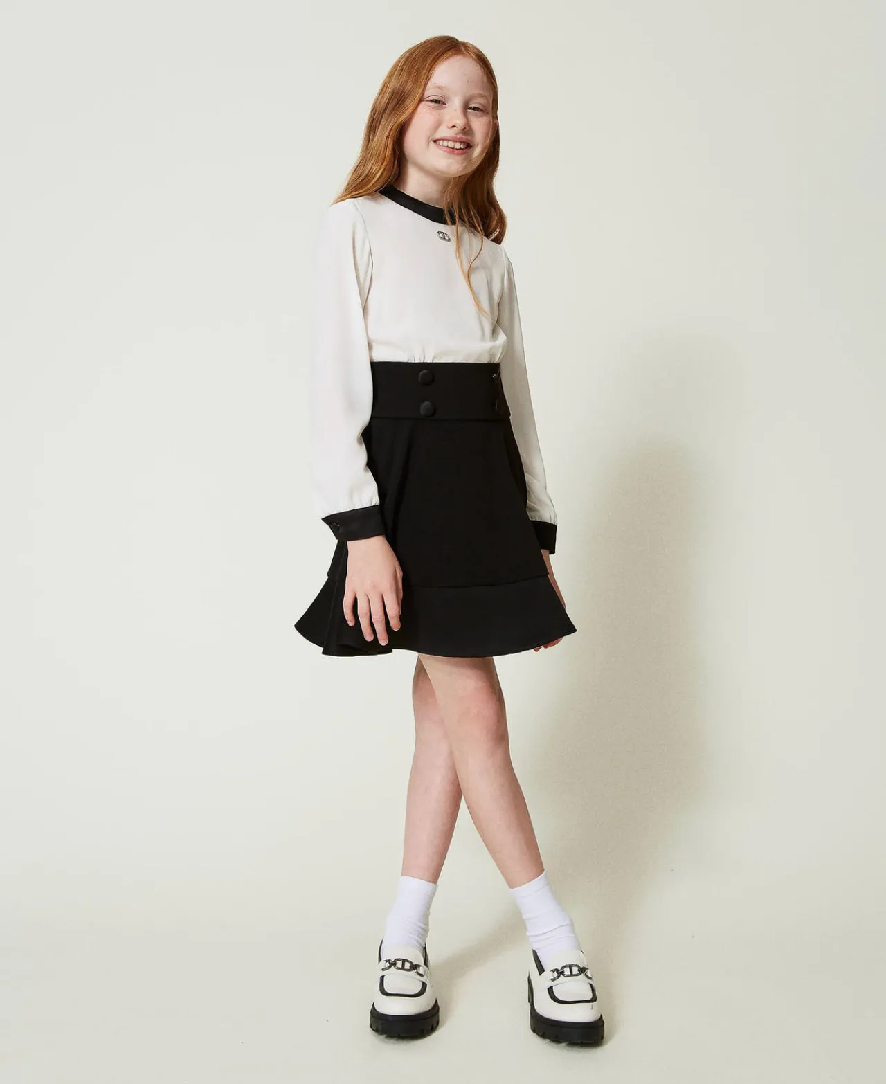 Robes*TWINSET Milano Robe Courte En Crêpe De Chine Et Flanelle Bicolore Blanc Cassé / Noir