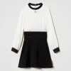 Robes*TWINSET Milano Robe Courte En Crêpe De Chine Et Flanelle Bicolore Blanc Cassé / Noir