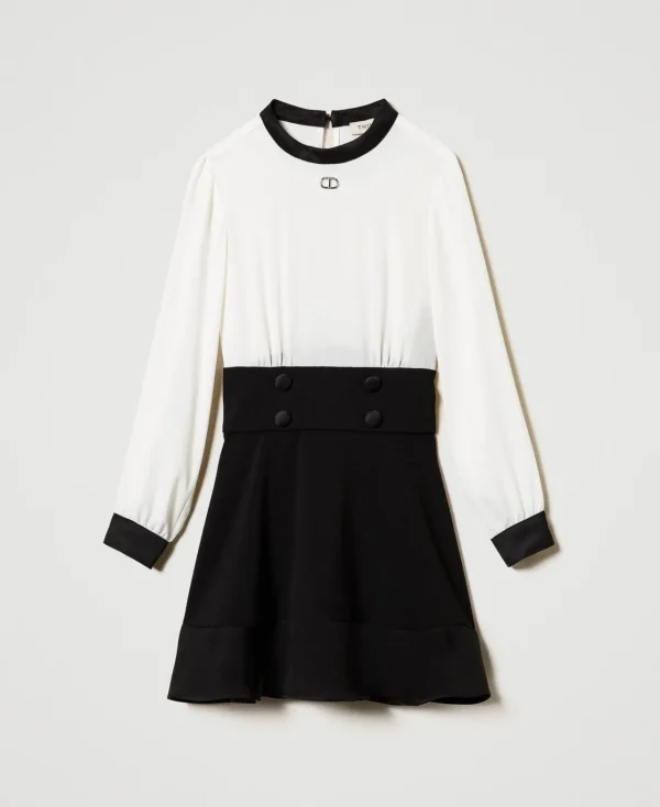 Robes*TWINSET Milano Robe Courte En Crêpe De Chine Et Flanelle Bicolore Blanc Cassé / Noir