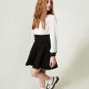 Robes*TWINSET Milano Robe Courte En Crêpe De Chine Et Flanelle Bicolore Blanc Cassé / Noir