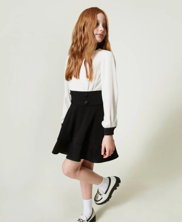 Robes*TWINSET Milano Robe Courte En Crêpe De Chine Et Flanelle Bicolore Blanc Cassé / Noir