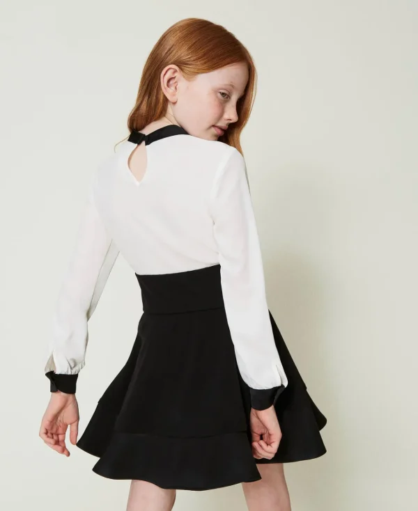 Robes*TWINSET Milano Robe Courte En Crêpe De Chine Et Flanelle Bicolore Blanc Cassé / Noir