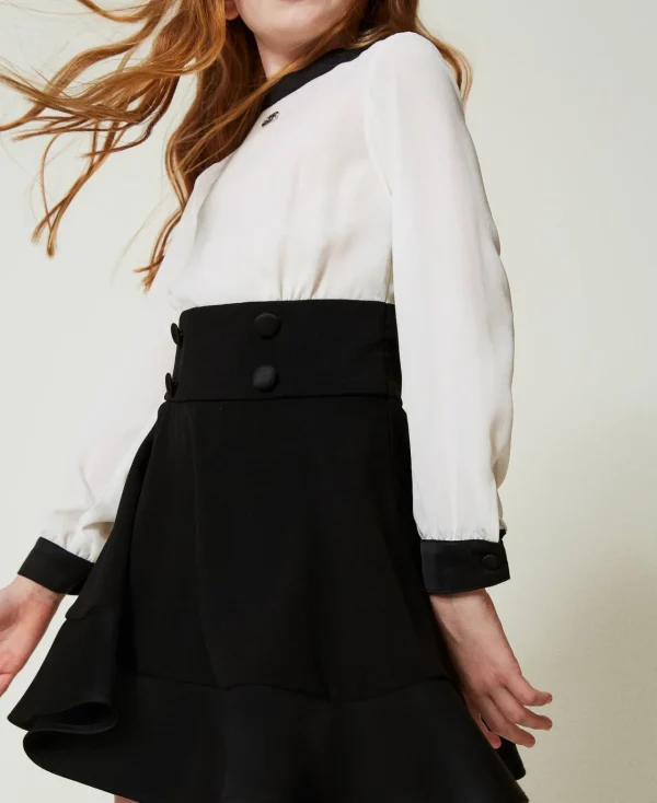 Robes*TWINSET Milano Robe Courte En Crêpe De Chine Et Flanelle Bicolore Blanc Cassé / Noir