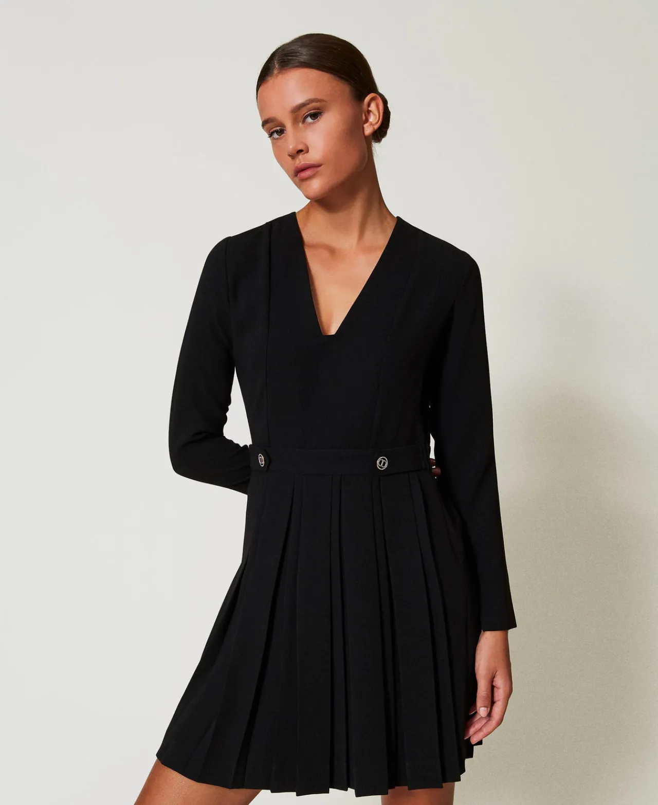Robes De Cérémonie | Robes Courtes*TWINSET Milano Robe Courte En Crêpe Plissé Avec Boutons Noir