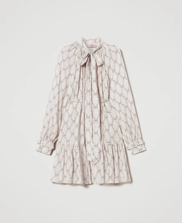 Robes De Cérémonie | Robes Courtes*TWINSET Milano Robe Courte En Crépon Avec Imprimé Nœuds Imprimé Nœuds Blanc « White Cream »/Noir