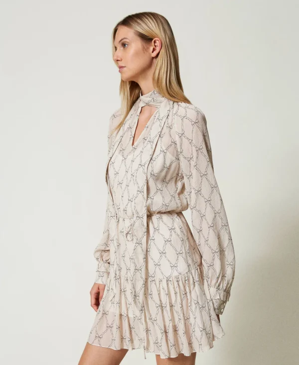Robes De Cérémonie | Robes Courtes*TWINSET Milano Robe Courte En Crépon Avec Imprimé Nœuds Imprimé Nœuds Blanc « White Cream »/Noir