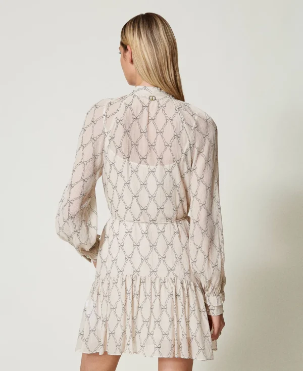 Robes De Cérémonie | Robes Courtes*TWINSET Milano Robe Courte En Crépon Avec Imprimé Nœuds Imprimé Nœuds Blanc « White Cream »/Noir
