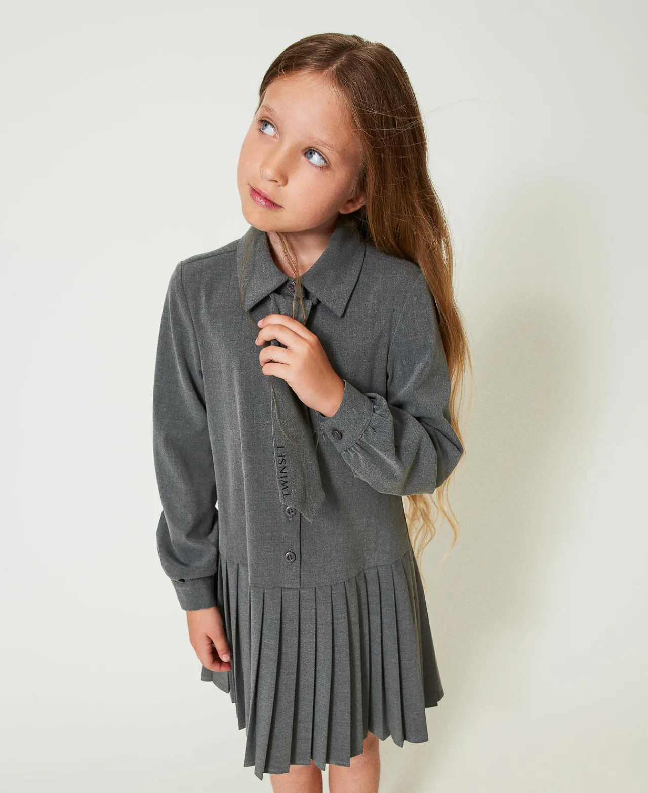 Robes*TWINSET Milano Robe Courte En Flanelle Avec Cravate Gris Moyen Mélangé