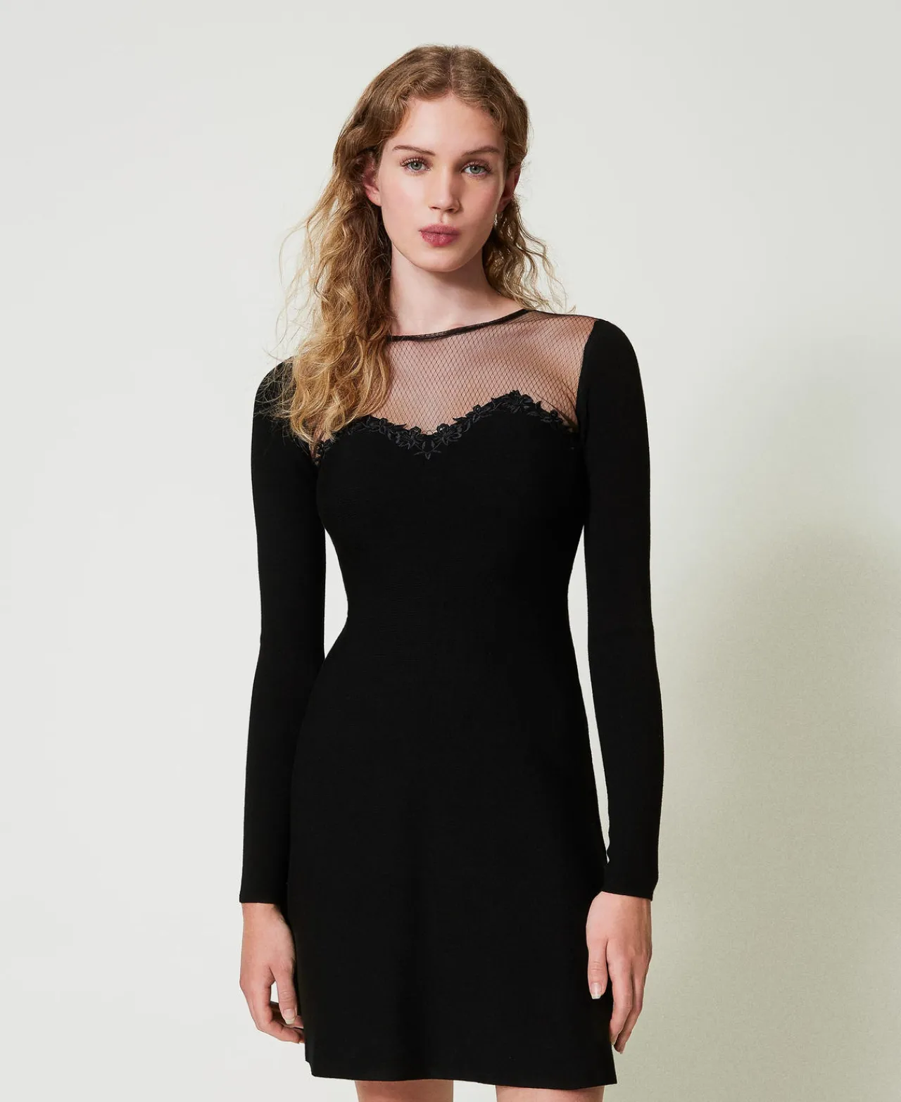 Robes Élégantes | Robes En Maille*TWINSET Milano Robe Courte En Maille Avec Tulle Et Broderie Noir