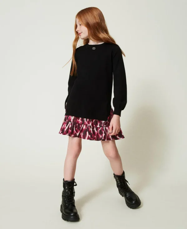 Robes*TWINSET Milano Robe Courte En Maille Avec Insertion Imprimée Noir