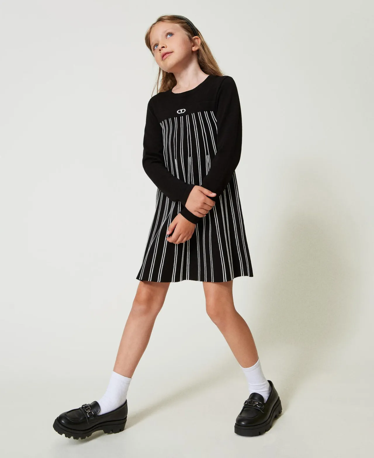 Robes*TWINSET Milano Robe Courte En Maille Avec Rayures Plissées Bicolore Noir / Blanc Cassé