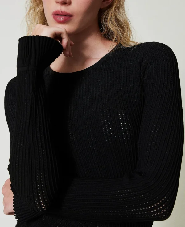 robe_courte_en_maille_ave_4-1.webp Robes En Maille | Robes Courtes*TWINSET Milano Robe Courte En Maille Avec Mélange De Points Noir