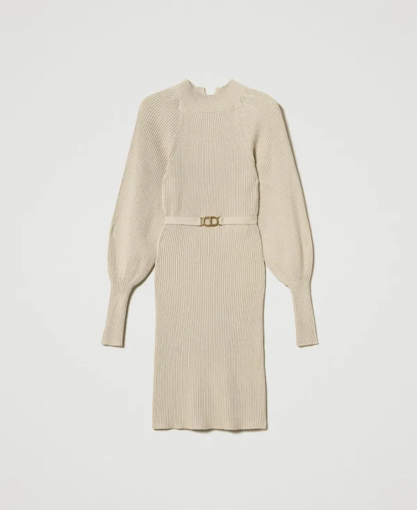 robe_courte_en_maille_cte_1-1.webp Robes En Maille | Robes Courtes*TWINSET Milano Robe Courte En Maille Côtelée Avec Ceinture Blanc « White Cream »