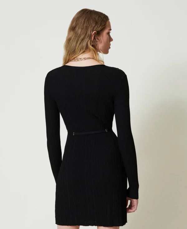 robe_courte_en_maille_cte_3.webp Robes En Maille | Robes Courtes*TWINSET Milano Robe Courte En Maille Côtelée Avec Ceinture Noir