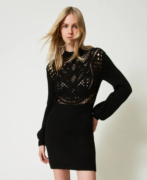 Robes De Cérémonie | Robes Élégantes*TWINSET Milano Robe Courte En Maille De Laine Mélangée Avec Crochet Noir