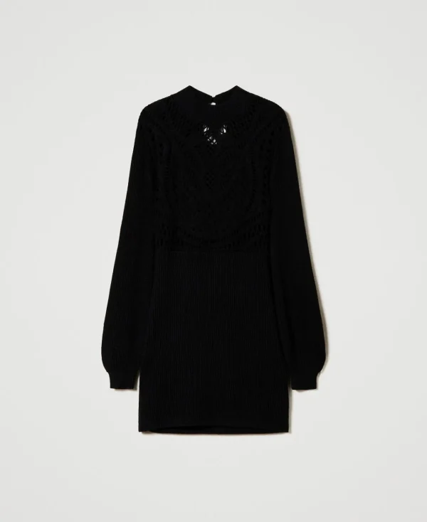 Robes De Cérémonie | Robes Élégantes*TWINSET Milano Robe Courte En Maille De Laine Mélangée Avec Crochet Noir