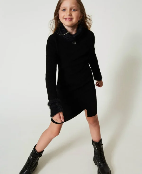 Robes*TWINSET Milano Robe Courte En Maille Effet Fourrure Noir