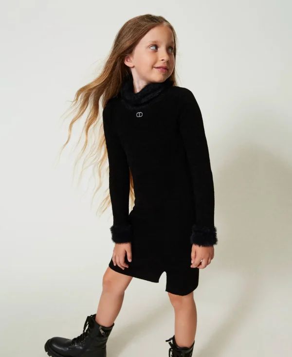 Robes*TWINSET Milano Robe Courte En Maille Effet Fourrure Noir