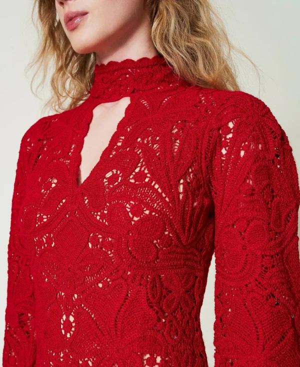 Robes De Cérémonie | Robes Élégantes*TWINSET Milano Robe Courte En Maille Florale Au Crochet Rouge Vénitien