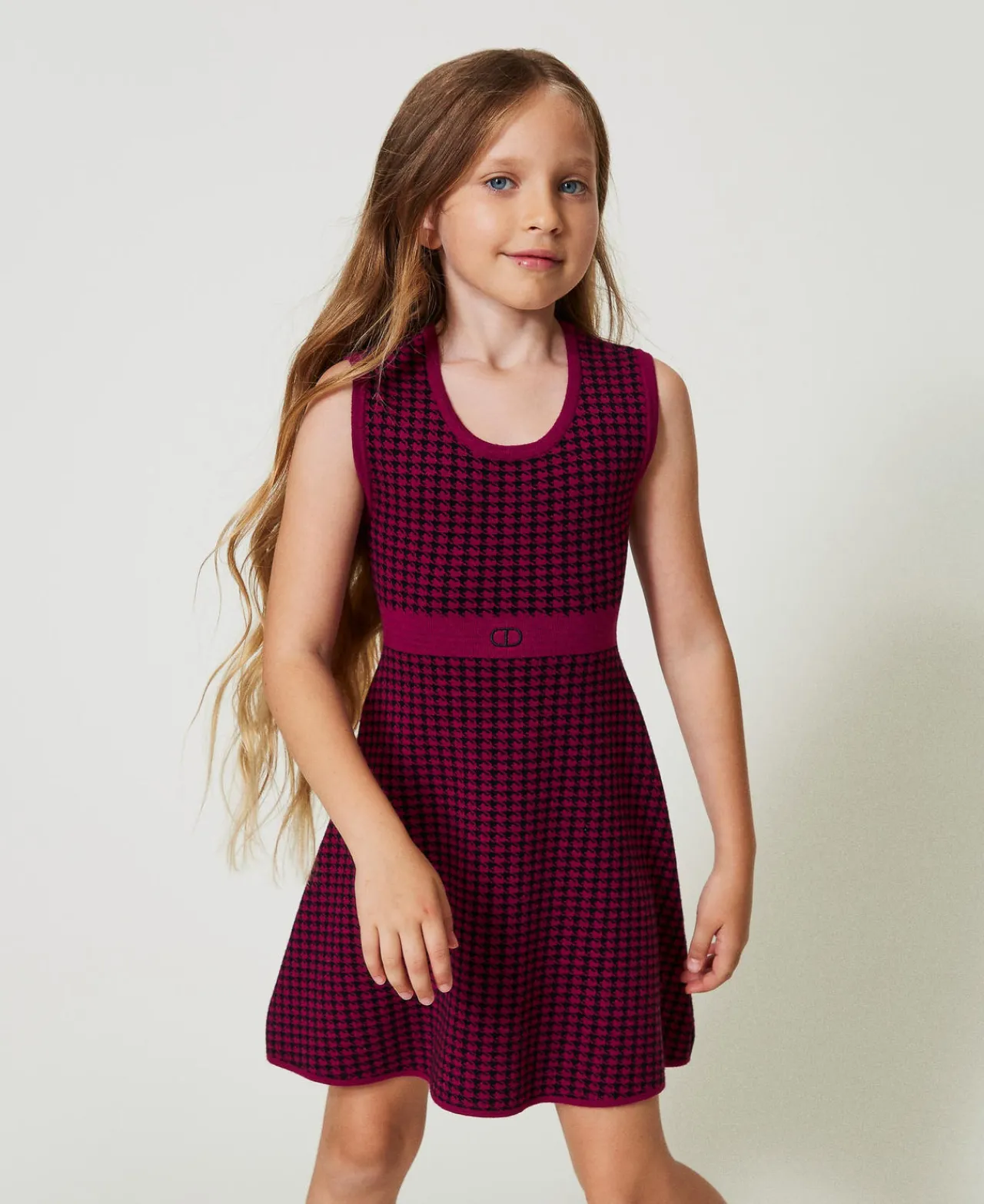 Robes*TWINSET Milano Robe Courte En Maille Jacquard Pied-de-poule Bicolore Magenta Purple/Noir