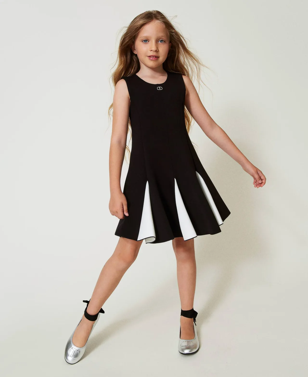 Robes*TWINSET Milano Robe Courte En Scuba Bicolore Bicolore Noir / Blanc Cassé