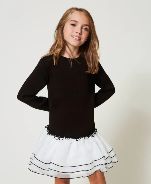 Robes*TWINSET Milano Robe Courte En Scuba Et Organza Bicolore Noir / Blanc Cassé