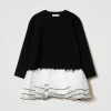 Robes*TWINSET Milano Robe Courte En Scuba Et Organza Bicolore Noir / Blanc Cassé