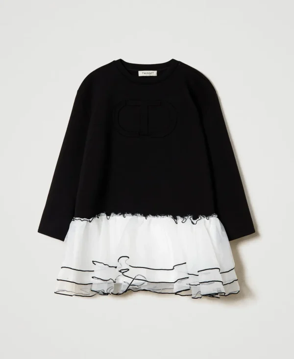 Robes*TWINSET Milano Robe Courte En Scuba Et Organza Bicolore Noir / Blanc Cassé