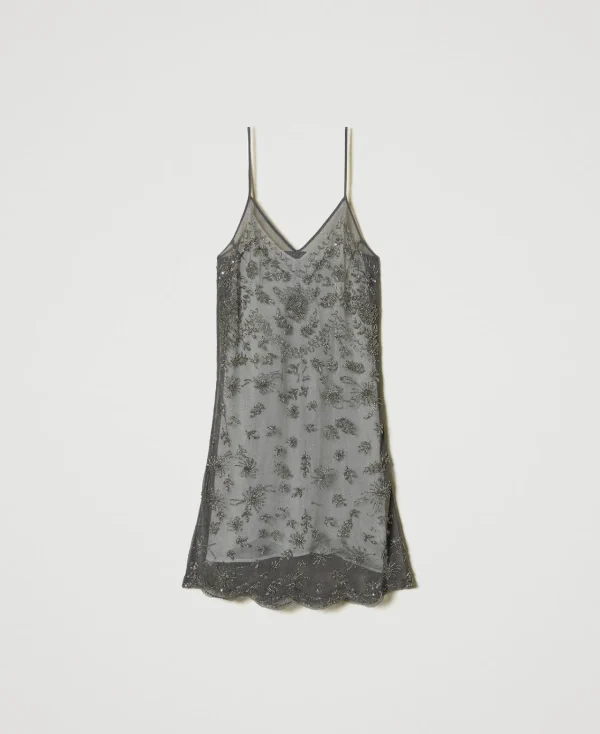 Robes De Cérémonie | Robes Élégantes*TWINSET Milano Robe Courte En Tulle Avec Broderie Réalisée à La Main Gris Anthracite