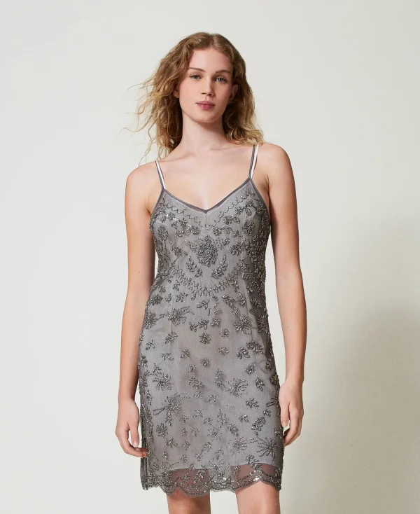 Robes De Cérémonie | Robes Élégantes*TWINSET Milano Robe Courte En Tulle Avec Broderie Réalisée à La Main Gris Anthracite