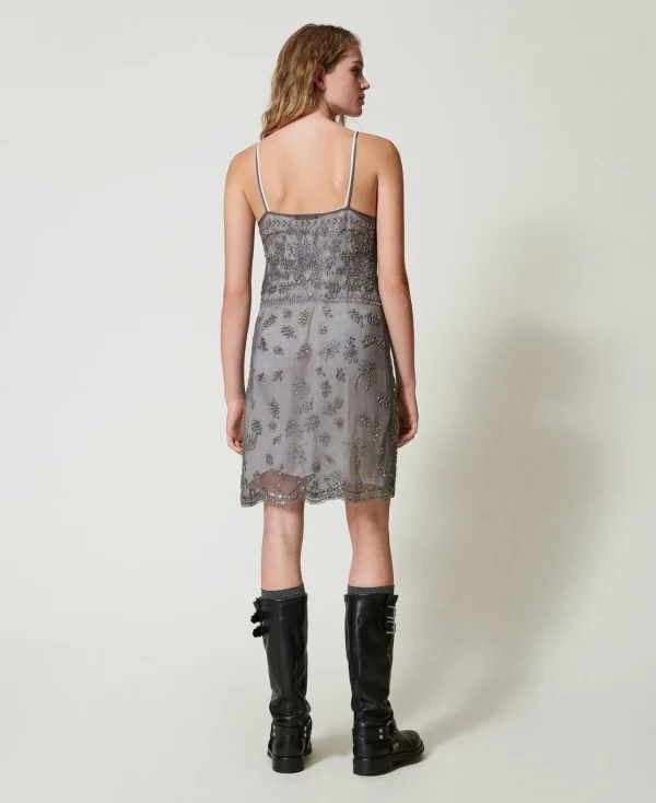 Robes De Cérémonie | Robes Élégantes*TWINSET Milano Robe Courte En Tulle Avec Broderie Réalisée à La Main Gris Anthracite