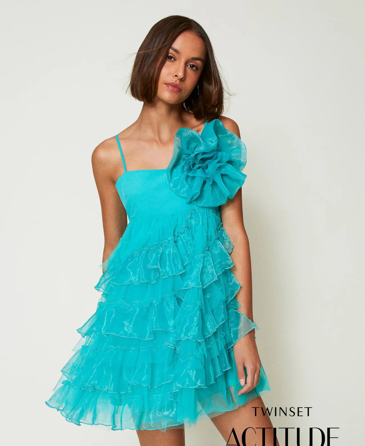 robe_courte_en_tulle_et_o_0.webp Robes De Cérémonie | Robes Élégantes*TWINSET Milano Robe Courte En Tulle Et Organza Vert « Tropical Emerald »