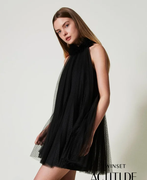 robe_courte_en_tulle_plis_0.webp Robes Élégantes | Robes Courtes*TWINSET Milano Robe Courte En Tulle Plissé Noir