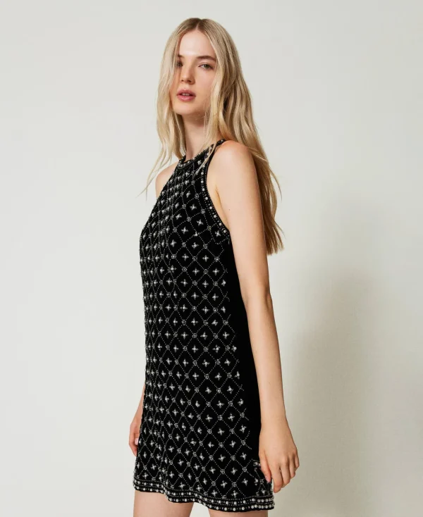 Robes De Cérémonie | Robes Élégantes*TWINSET Milano Robe Courte En Velours Brodé Avec Encolure Américaine Noir
