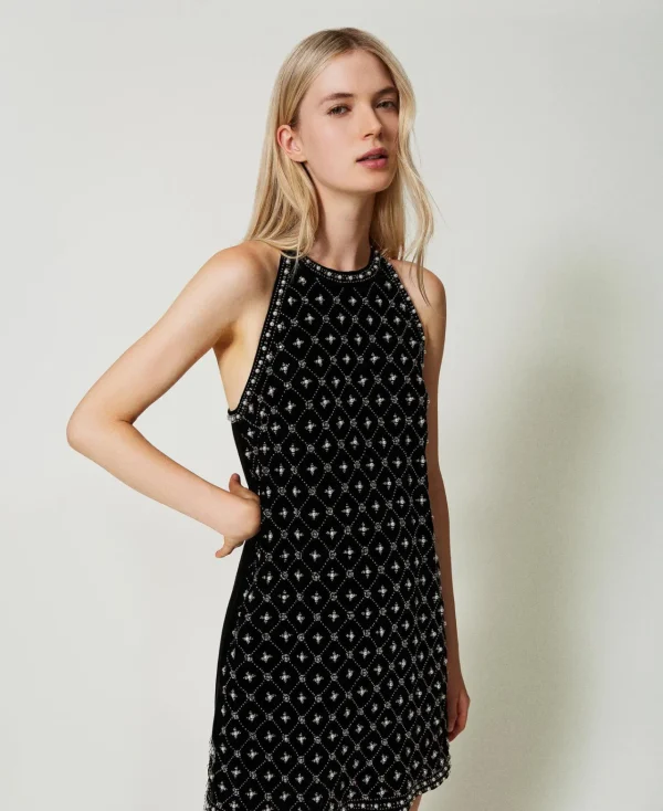 Robes De Cérémonie | Robes Élégantes*TWINSET Milano Robe Courte En Velours Brodé Avec Encolure Américaine Noir