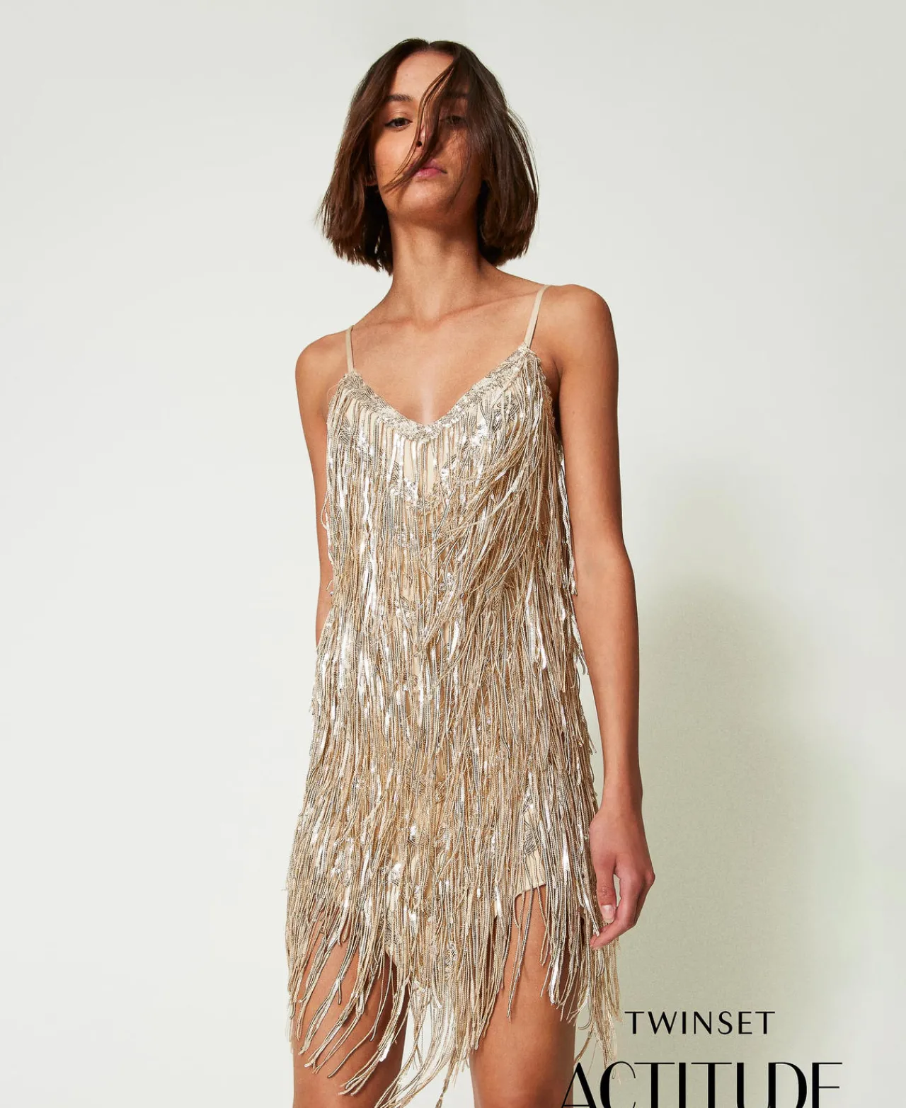 robe_courte_myfo_avec_fra_0-1.webp Robes De Cérémonie | Robes Élégantes*TWINSET Milano Robe Courte MYFO Avec Franges En Sequins Dull Gold