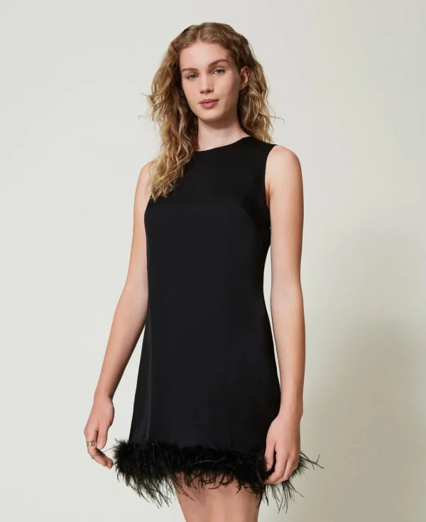 Robes De Cérémonie | Robes Élégantes*TWINSET Milano Robe Courte Sans Manches En Satin Avec Plumes Noir