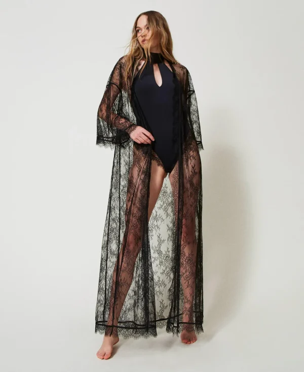 Sous-Vêtements Et Vêtements De Nuit*TWINSET Milano Robe De Chambre Longue En Dentelle Avec Ceinture Noir