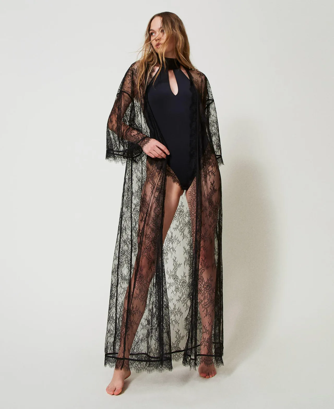 Sous-Vêtements Et Vêtements De Nuit*TWINSET Milano Robe De Chambre Longue En Dentelle Avec Ceinture Noir
