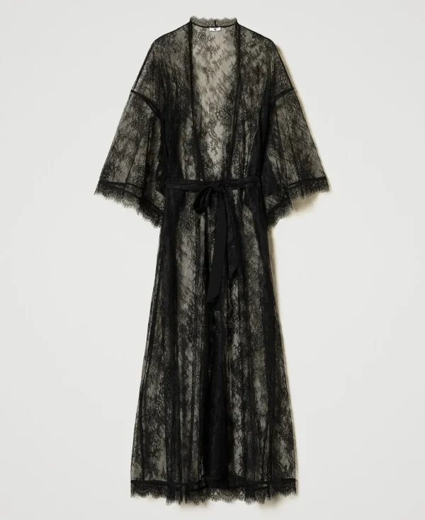 Sous-Vêtements Et Vêtements De Nuit*TWINSET Milano Robe De Chambre Longue En Dentelle Avec Ceinture Noir