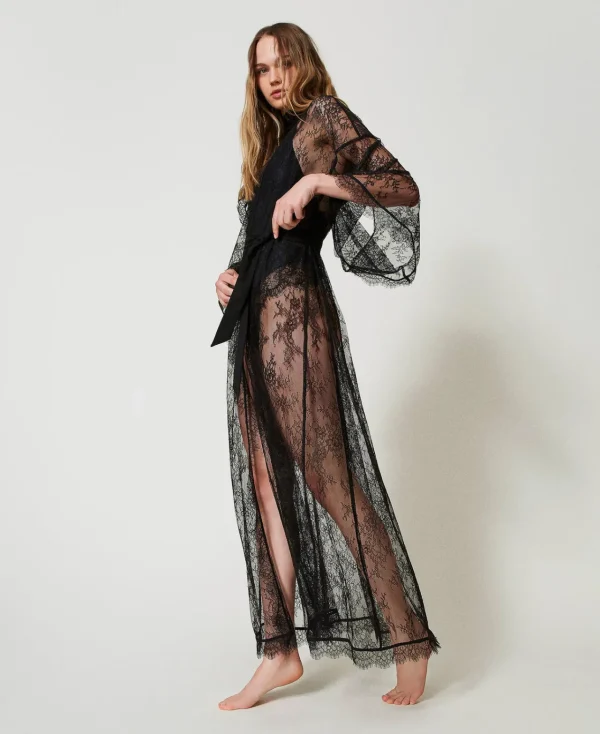 Sous-Vêtements Et Vêtements De Nuit*TWINSET Milano Robe De Chambre Longue En Dentelle Avec Ceinture Noir