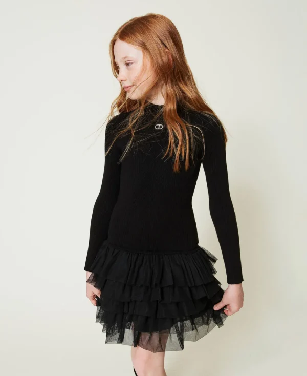 Robes*TWINSET Milano Robe En Maille Côtelée Avec Tulle Noir