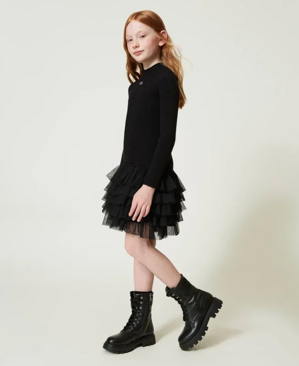 Robes*TWINSET Milano Robe En Maille Côtelée Avec Tulle Noir